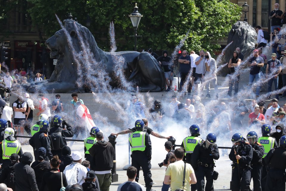 Smoke bombs and bottles were thrown during yesterday's clashes