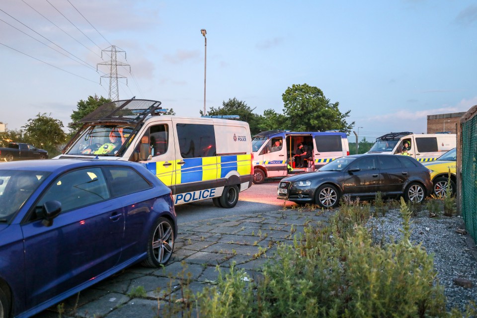  A huge police presence was seen on Saturday evening in Carrington after 'thousands' attended an illegal rave in what is believed to be some kind of water treatment centre