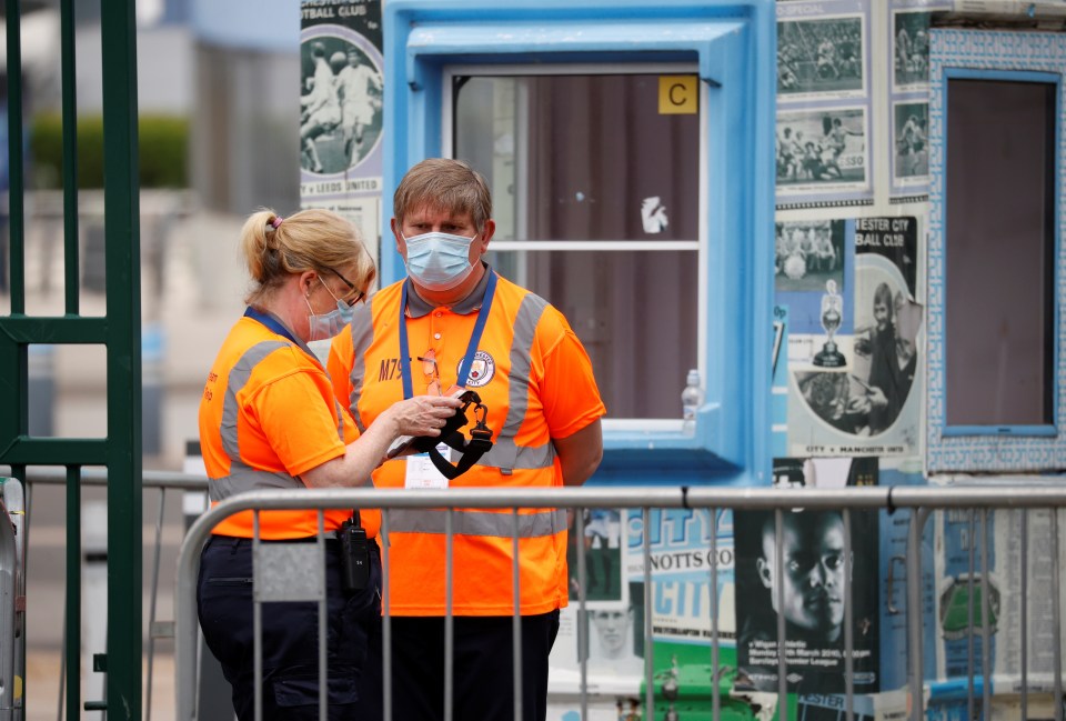  Stewards don protective gear ahead of City's game with Arsenal