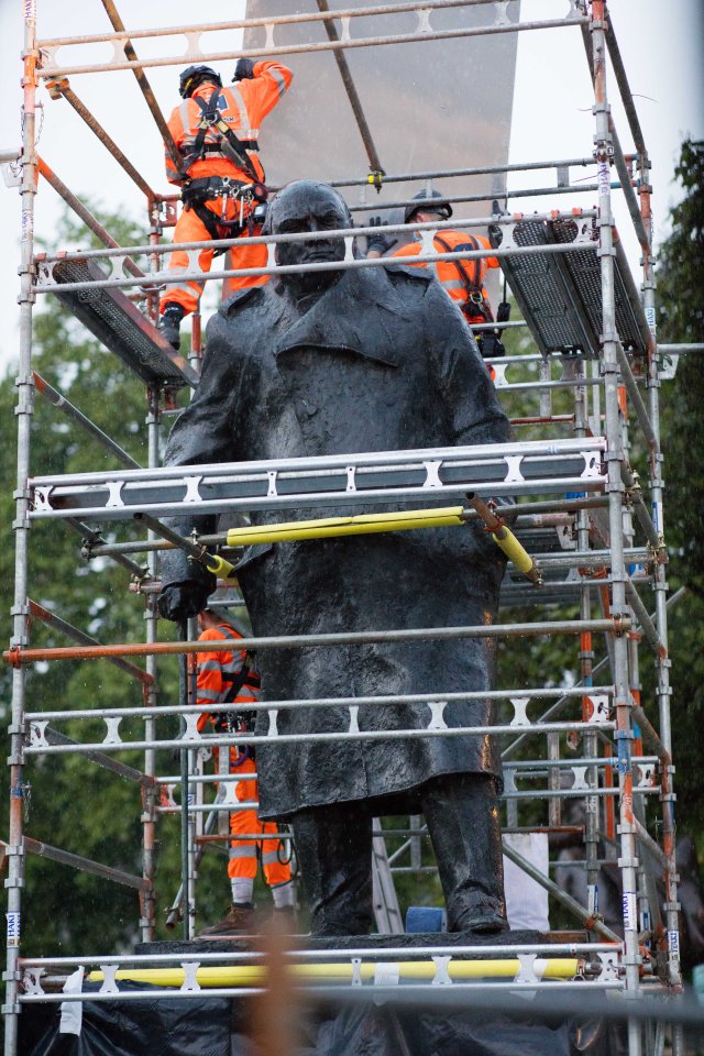 Workers started dismantling the panels surrounding the Sir Winston Churchill statue