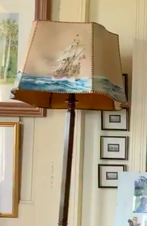 This stunning hand-painted lamp shows a galleon out at sea