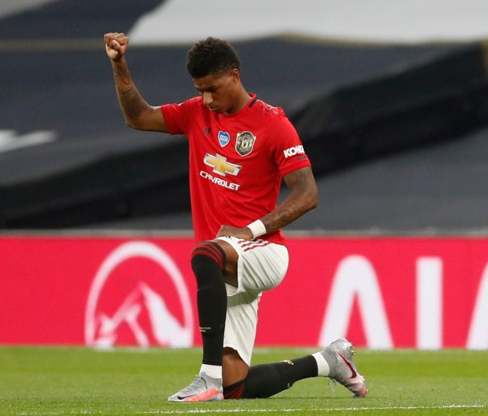  Rashford took a knee in support of BLM in Utd's first game back after his win on free school meals vouchers