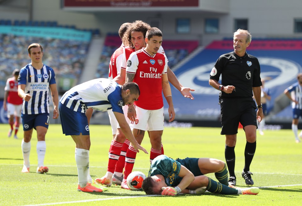  Leno collided with Neal Maupay and was stretchered off