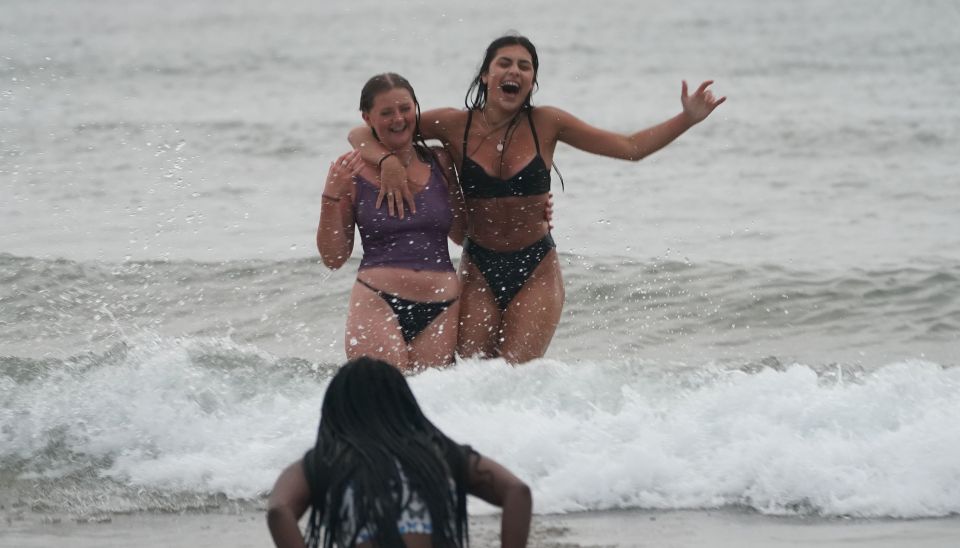 Two pals go swimming in the sea 