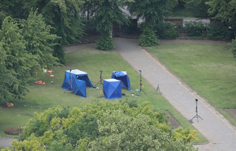 Forensic teams looked for evidence in Forbury Gardens on Sunday