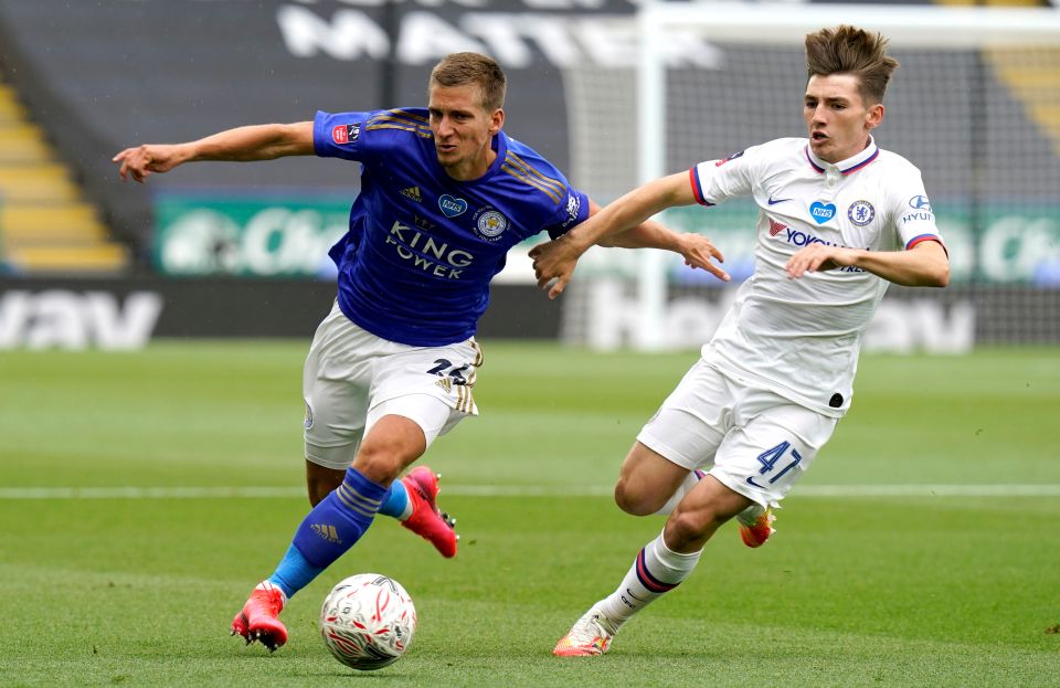  Billy Gilmour (on the left) endured a tricky afternoon against Leicester before being substituted in the second half