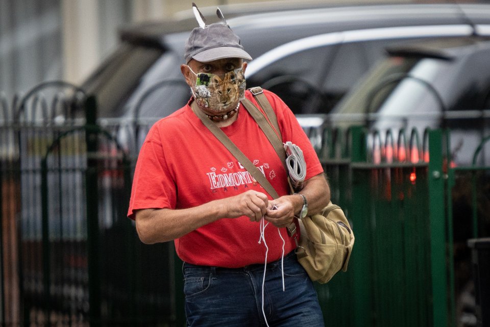 A man wearing a colourful lion design face mask