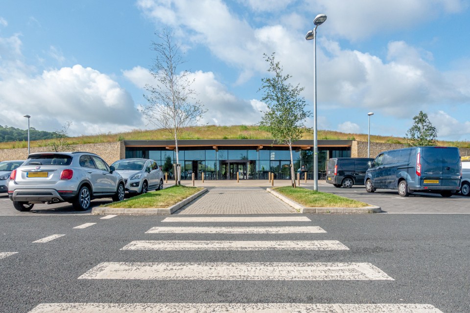  The new Gloucester motorway service station on the southbound M5 motorway in the UK with green roof