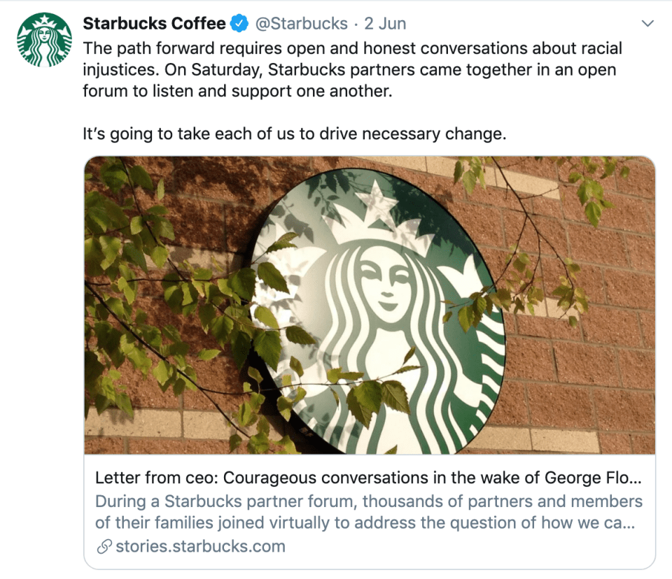 Starbucks has pledged to 'stand in solidarity with our Black partners, customers and communities'