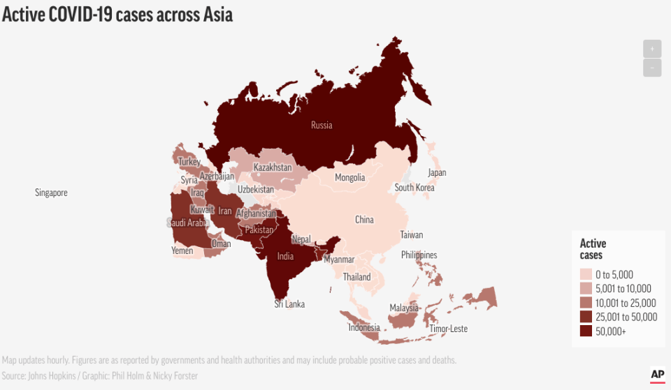 The latest AP map shows a spike in coronavirus cases in countries including Russia and India