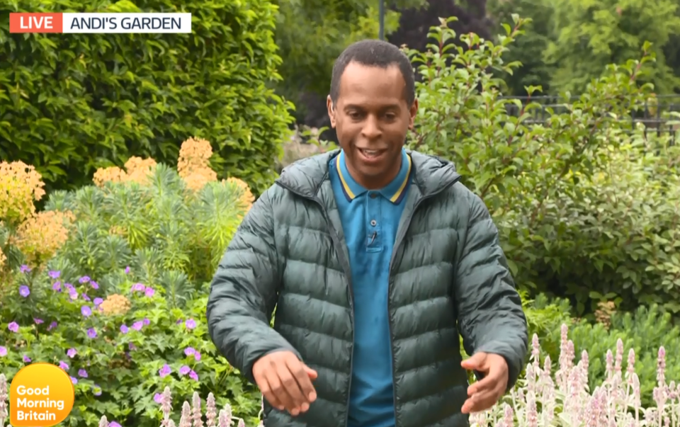  Andi was drenched as he presented live from his back garden