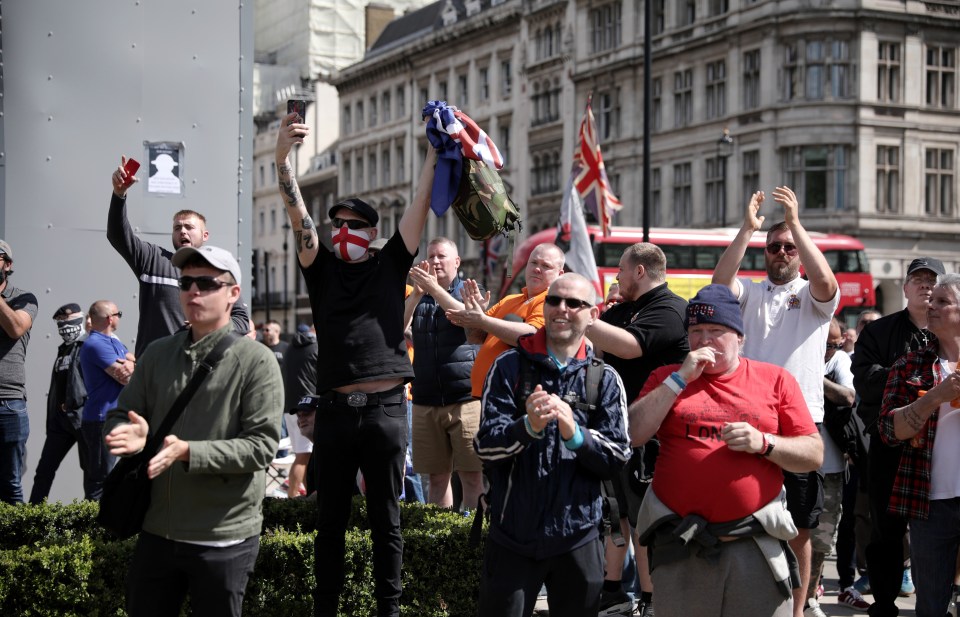 Demonstrators - made up of far-right groups, war veterans and Britain First members - unfurled Union Jack flags during today's London protest