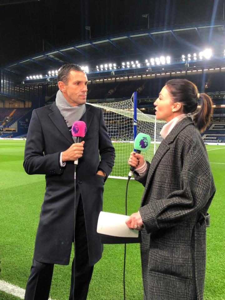  Her work with Premier League Productions sees her pitchside most Premier League weekends like here at Stamford Bridge alongside Chelsea icon Gus Poyet