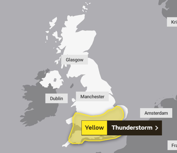  The Met Office has issued a severe weather warning for the south of England for Thursday night