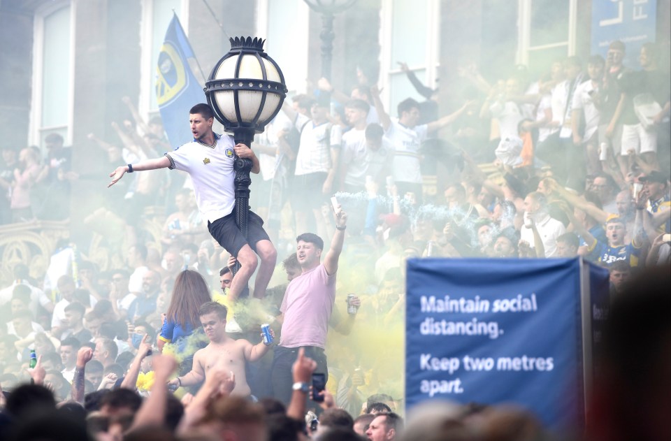 Leeds fans did not observe social distancing rules during their celebrations 