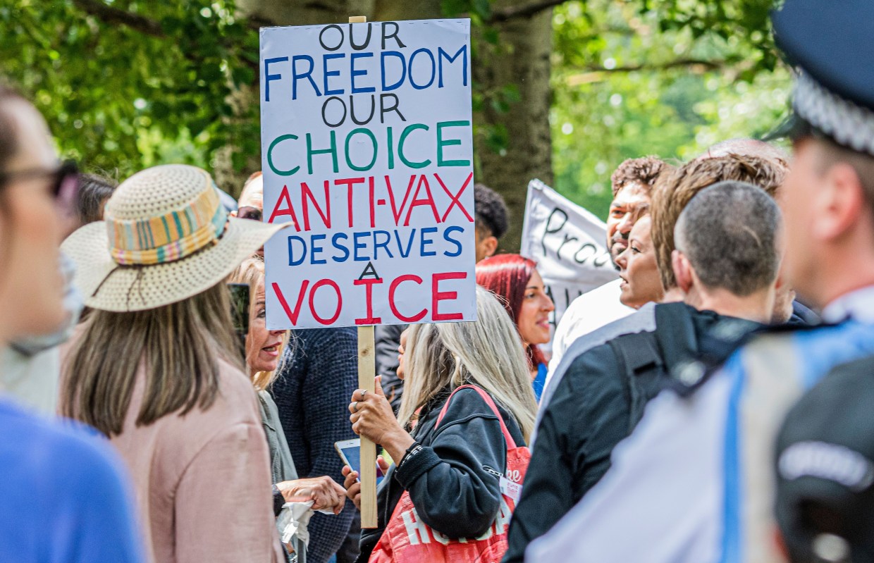 Anti-vaxxers protesting in London during the lockdown in May