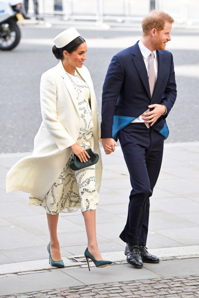 The Duchess of Sussex opted for a white chain-print dress by Victoria while pregnant in 2019