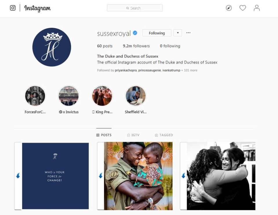 The Duke and Duchess of Sussex launched their joint SussexRoyal account in 2019, but have not posted since March 30, when they stepped down as senior royals