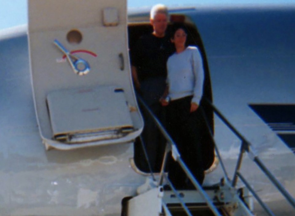 Bill Clinton and Ghislaine Maxwell pose together for the camera as the pair prepare to board the jet