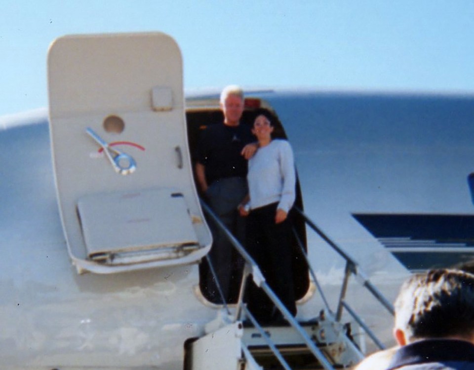  Bill Clinton and Ghislaine Maxwell pose together for the camera as the pair prepare to board Jeffrey Epstein's notorious private jet