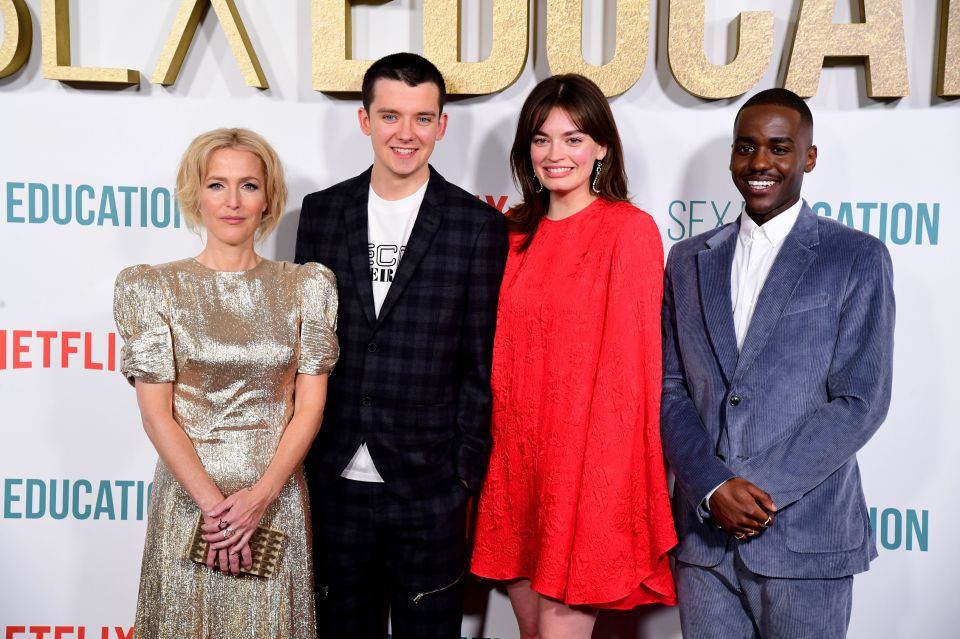 Gillian with co-stars Asa Butterfield, Emma Mackey and Ncuti Gatwa 