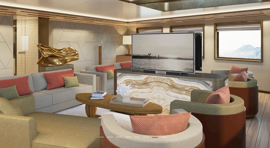 The vessel features a screening room so guests can relax in comfort