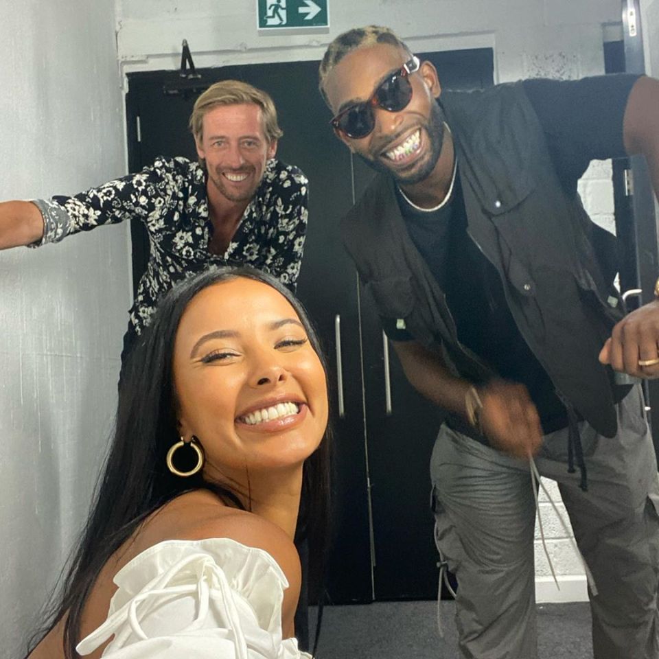 Maya with Peter Crouch and Tinie Tempah back stage