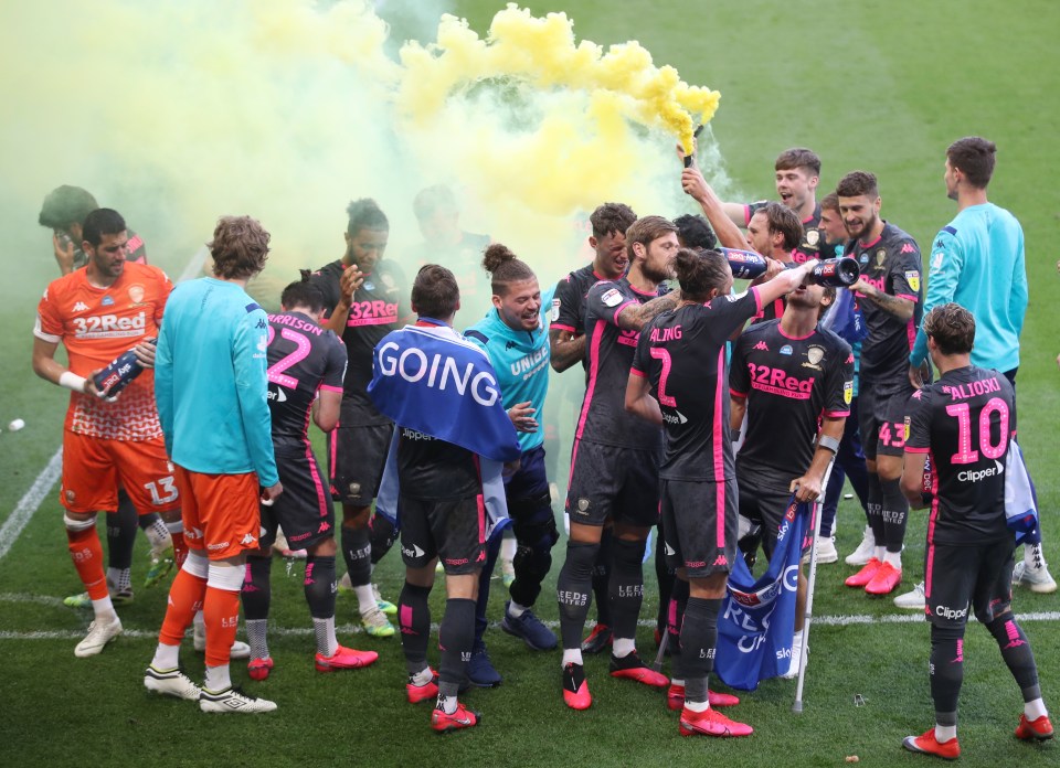 Leeds players got their own party started after beating Derby 3-1