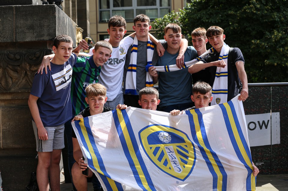 Fans gathered in Leeds city centre to celebrate the club's promotion following the team's 3-1 win against Derby 