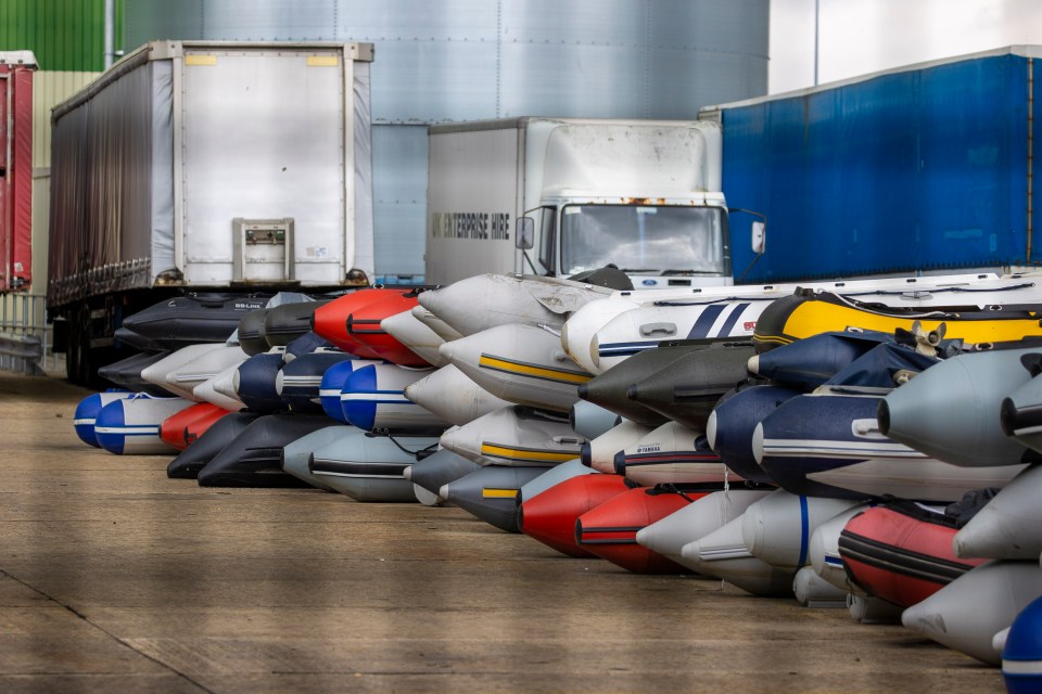 Boats are stacked three high and in rows at the centre in Dover