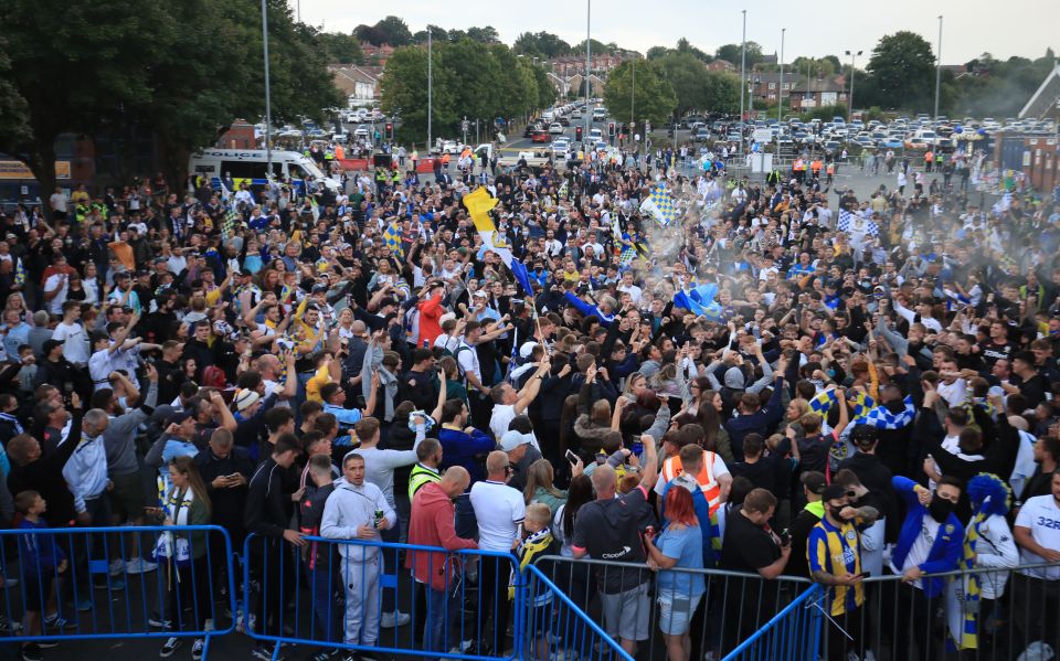 Fans were packed together outside Elland Road