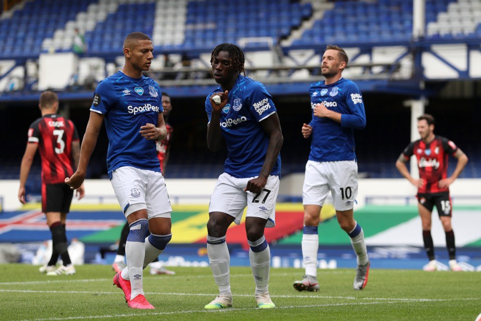 Moise Kean celebrates after finding the net for Everton