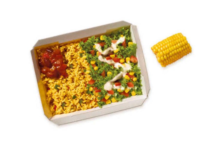 The veggie rice box is a healthy option at 365 calories