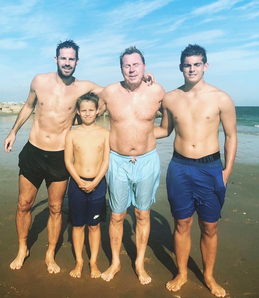 Jamie Redknapp goes shirtless with dad Harry as he joins his two sons on the beach in sweet birthday snap