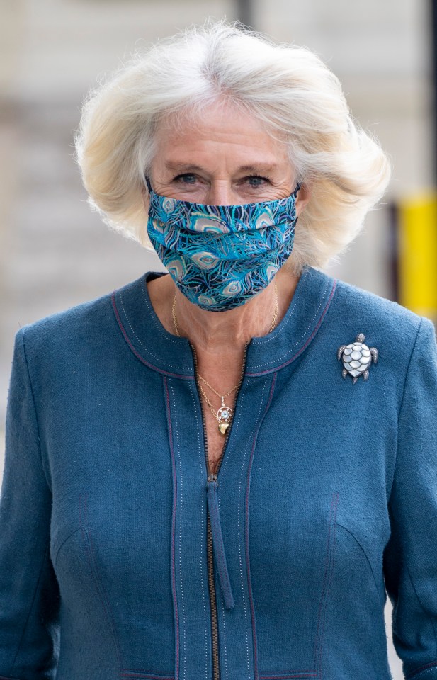 Camilla donned a bold blue mask from Liberty in London yesterday