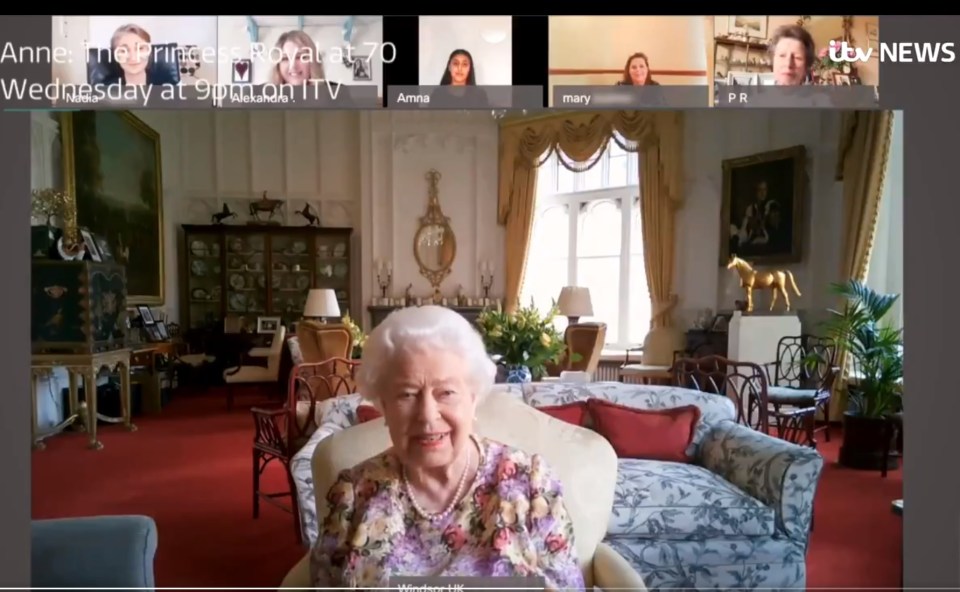 The Queen talking to four carers from across Britain responsible for looking after families during the coronavirus crisis