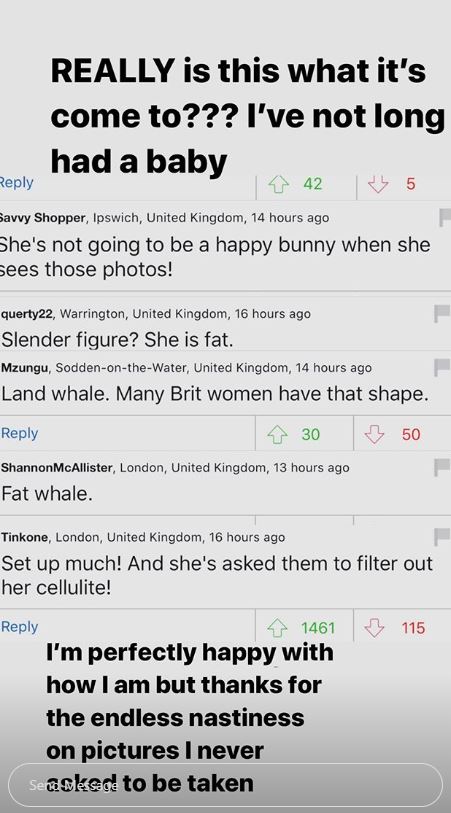 The horrible comments called her fat and criticised her for having cellulite