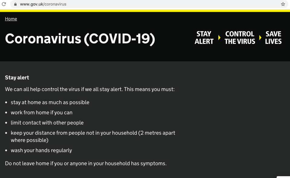 The gov.uk/coronavirus website still tells people to work from home where possible