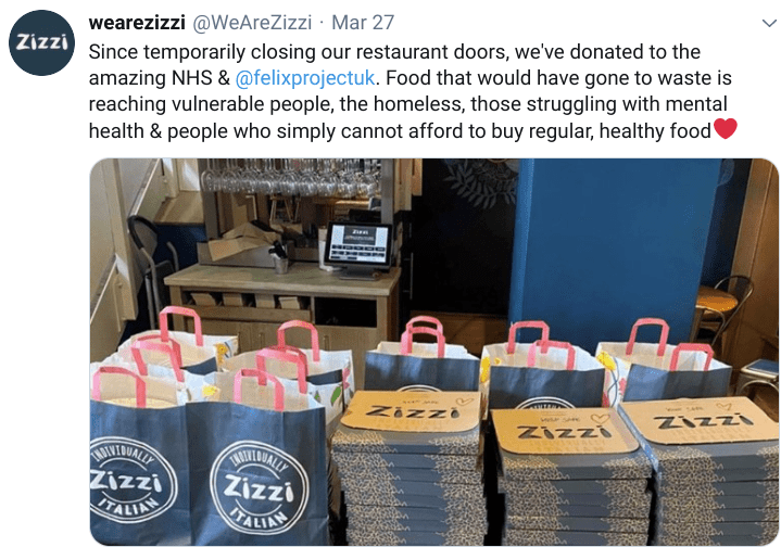 Zizzi donated food to the 'amazing NHS' and the Felix Project UK