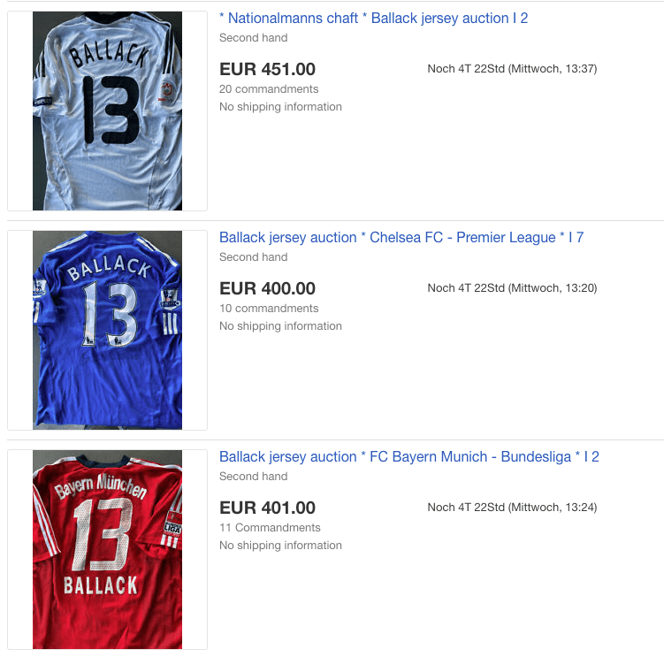 Ballack is selling a selection of shirts, including Germany, Chelsea and Bayern Munich