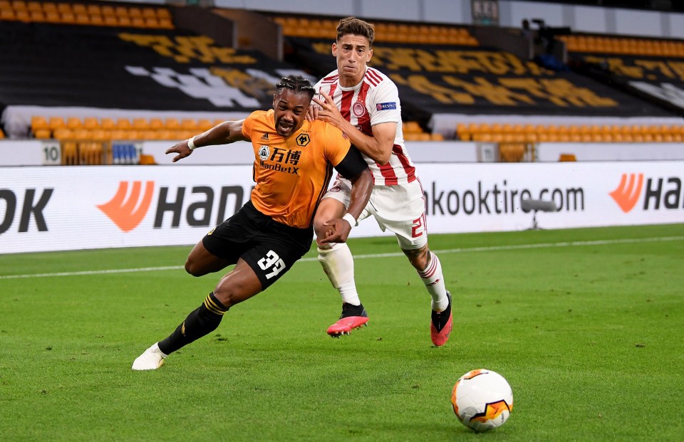 Adama Traore bursts clear for Wolves in their Europa League last-16 triumph over Olympiacos