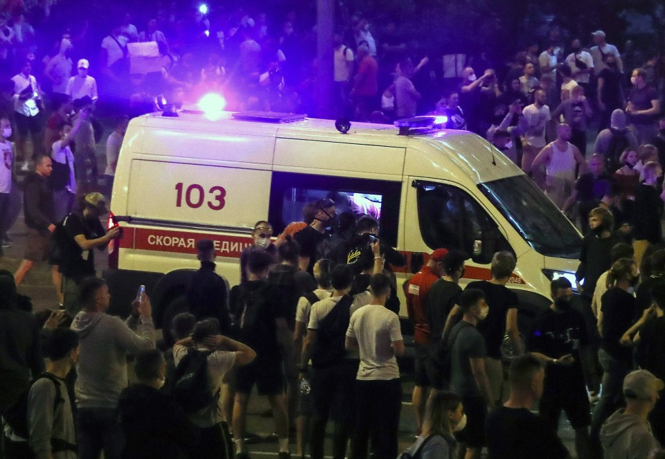 An ambulance pictured during the late-night riots in Belarus 