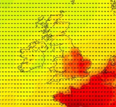 A weather map shows a plume of hot air from the continent hitting Britain next week