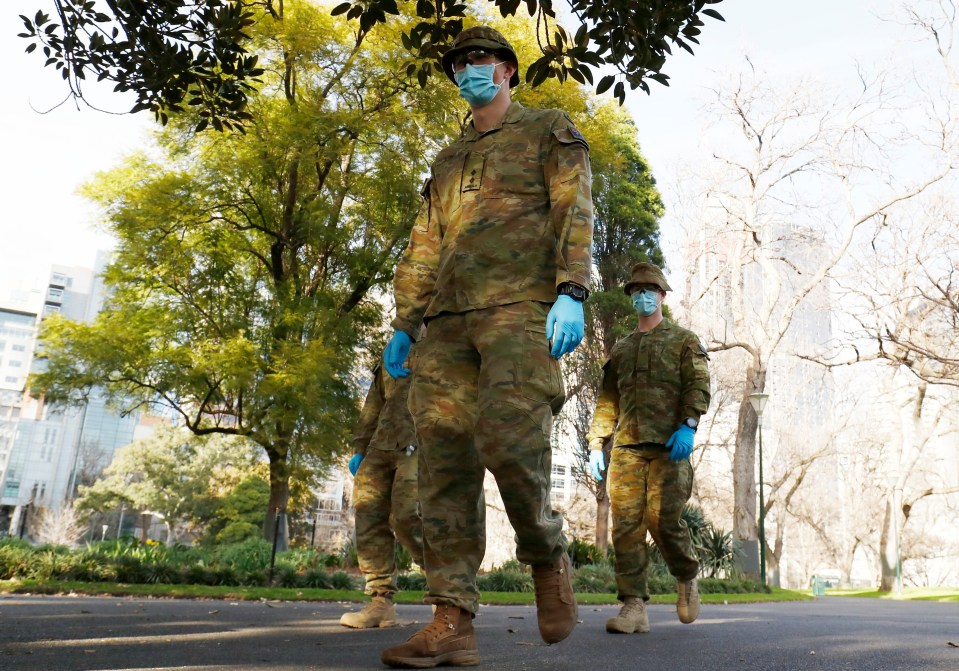 Soldiers patrol the treets of Melbourne today