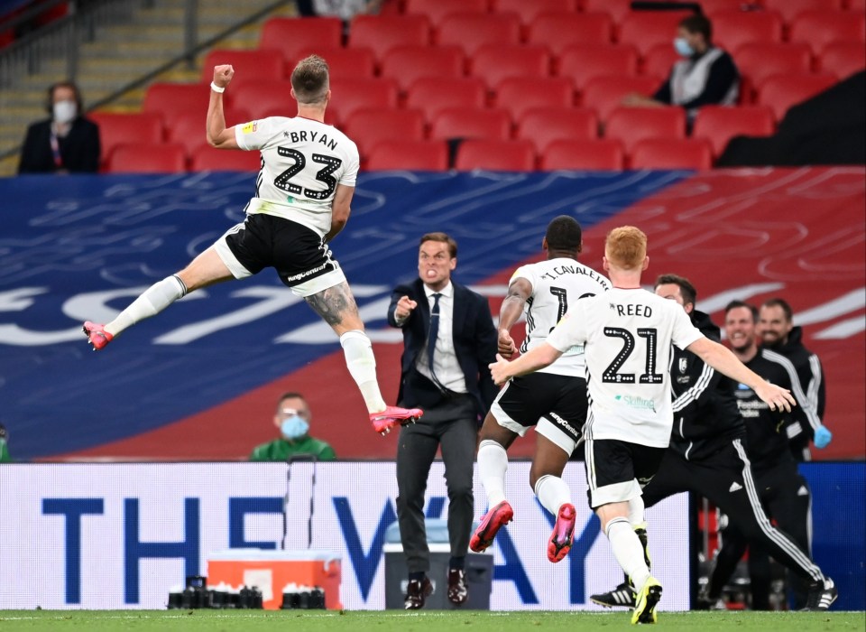 Joe Bryan celebrates his stunning free-kick to break the deadlock in the Championship play-off final