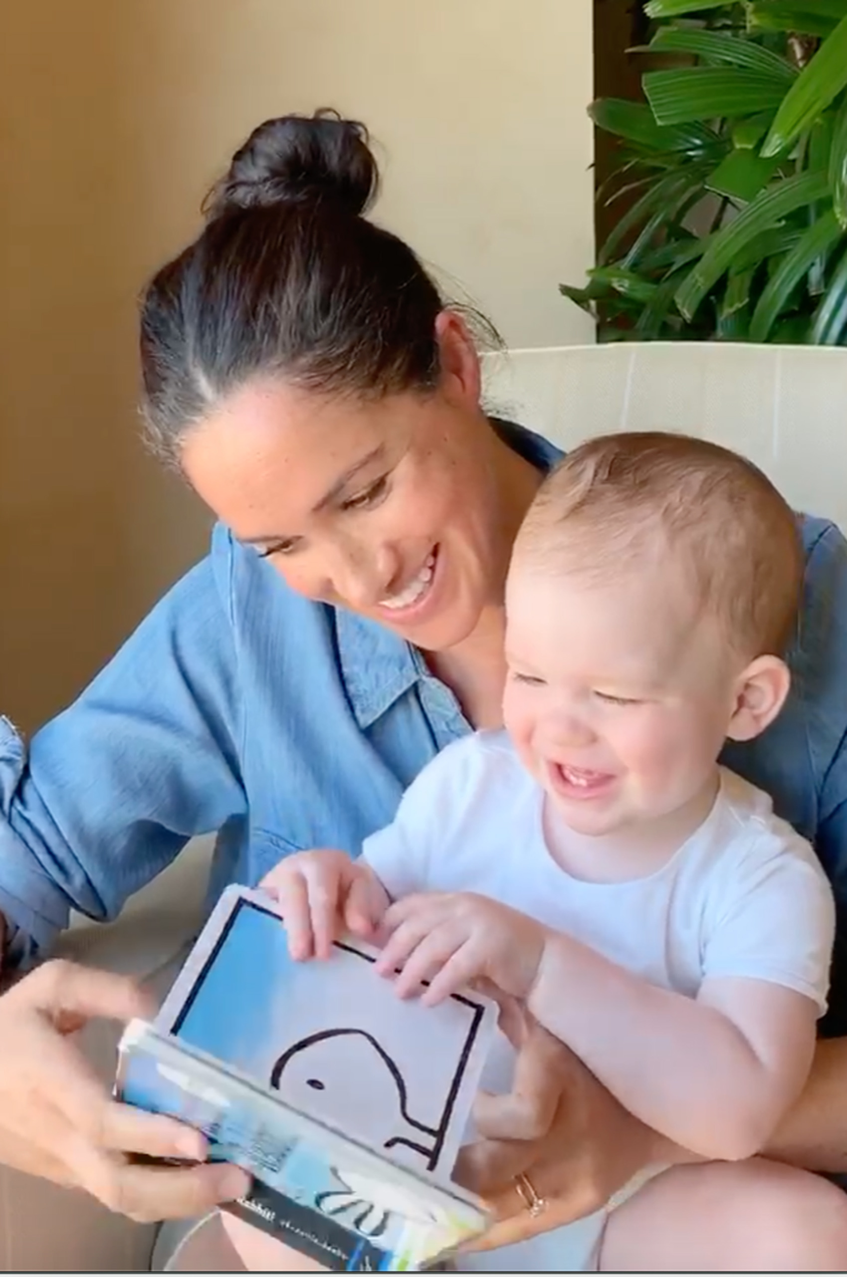 Meghan reads Duck! Rabbit! to Archie on his first birthday