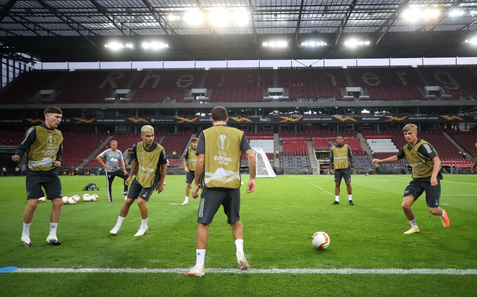 United trained in Cologne on Sunday night ahead of the Europa League last eight mini-tournament