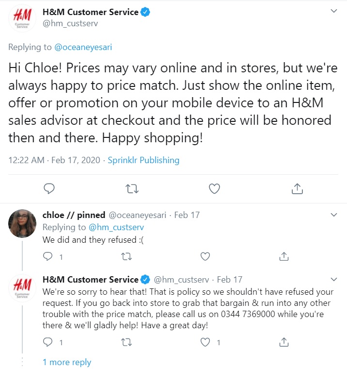 H&M's customer services team says that it will price match items