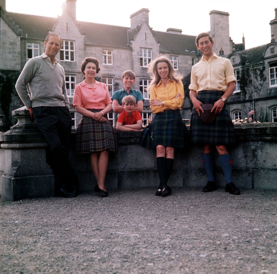 Anne poses at Balmoral in 1972 with Prince Philip, the Queen and Princes Andrew, Edward and Charles