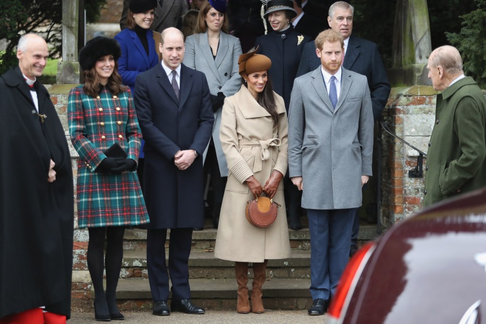 Meghan and Harry are seen with members of the royal family, including Eugenie, at the Christmas Day service in 2017 